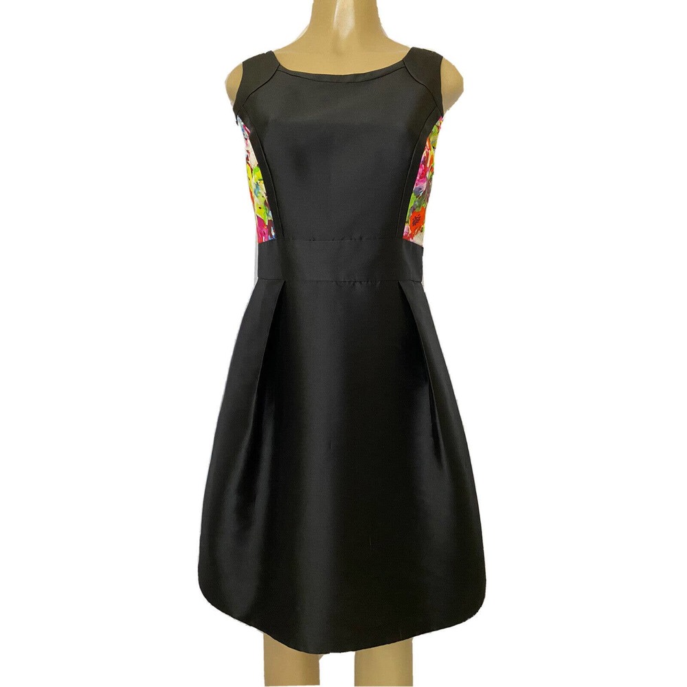 Theia Taffeta Dress Fit Flare Black Floral Sleeveless Scoop Neck Back zi…